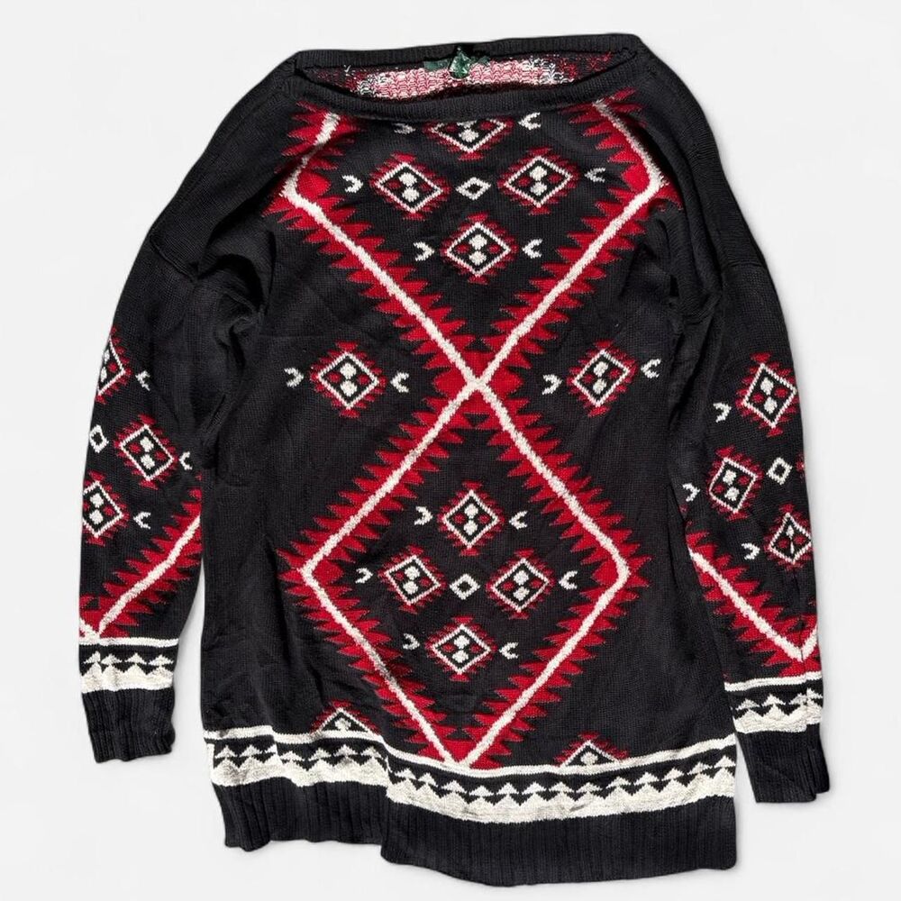 Polo Ralph Lauren Large Medium Black red Aztec print crew neck sweater Vintage